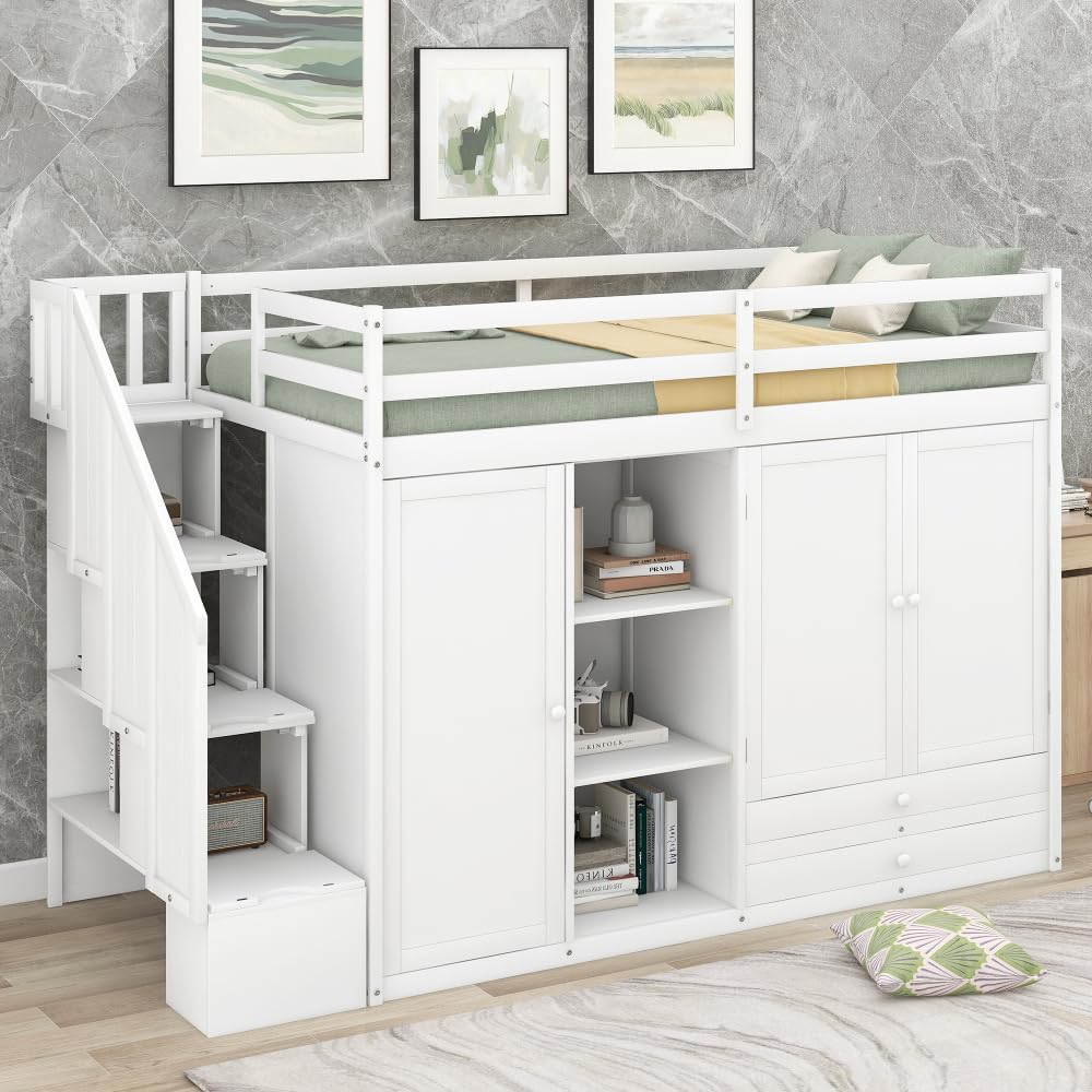 Functional Loft Bed with 3 Shelves, 2 Wardrobes and 2 Drawers, Ladder with Storage, No Box Spring Needed, White 3-Numbers of Package Pine Wood+MDF Twin 400Lb 256.5Lb GX000325AAK