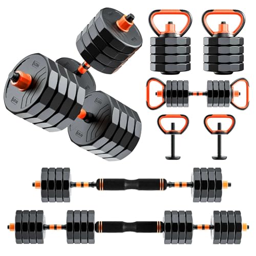 RUNWE Adjustable Dumbbell Barbell Set - 33/44/66/88lb Dumbbell Set, 4 in1 Dumbbell, Adjustable Kettlebell Pair, Barbell and Push up Bar, All-in-one Free Weight [Upgraded Double-lock Nuts]
