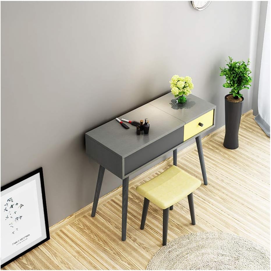 Vanity Table Set Dressing Table Set,Tri-Folding Mirror Vanity Makeup Desk, Cushioned Stool,Drawers, Easy Assembly