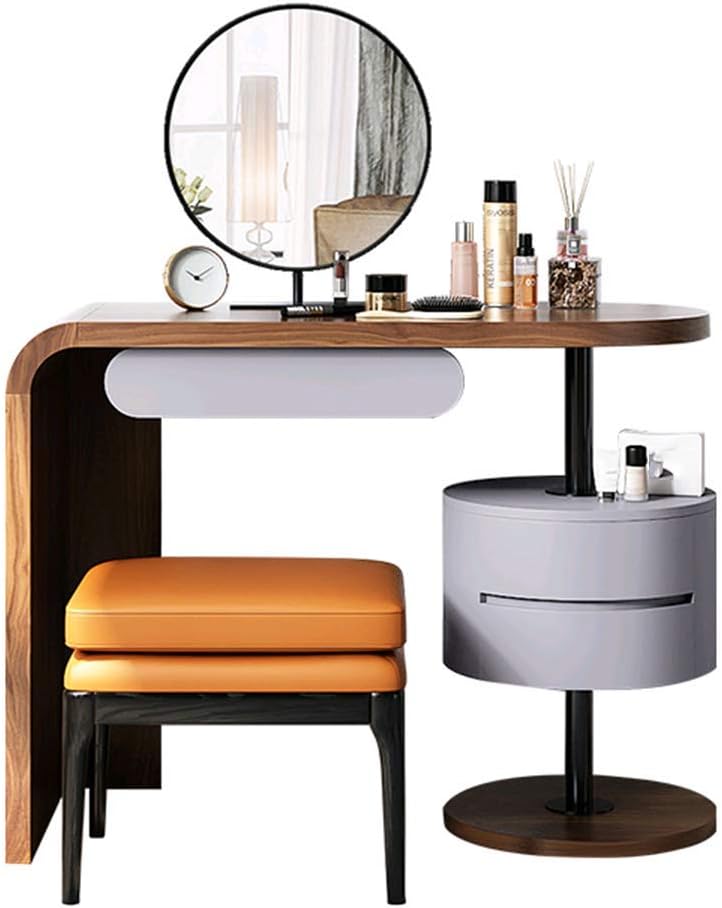 NEW Vanity Table Set with Move HD Mirror and Cushion Stool Drawer + Large Desktop Organizer Cosmetics Mini Makeup Dressing Desk Furniture for Apartment Bedroom