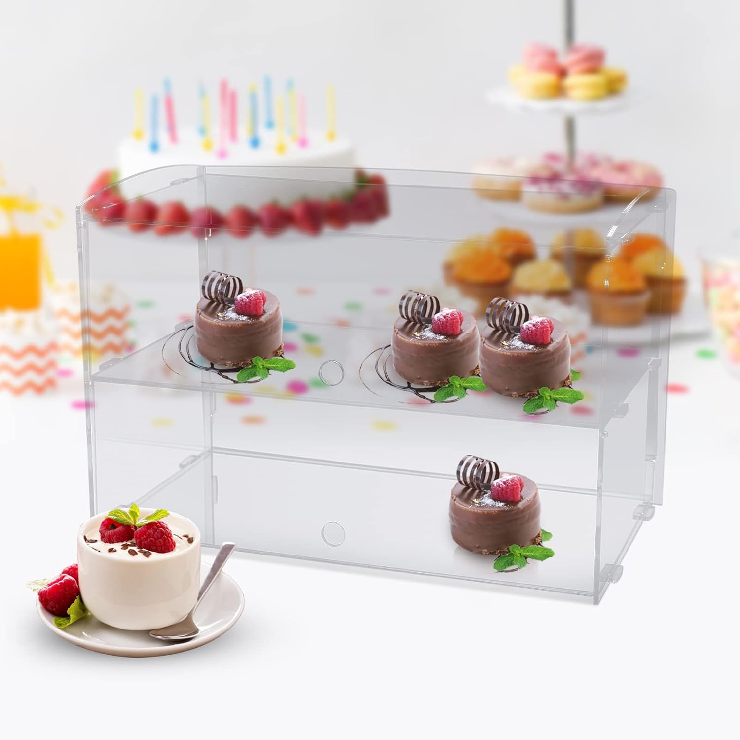 Pastry Display Case,2-Tier Removable Bakery Display Case Countertop with Lids, Commercial Home Acrylic Dessert Display Box with Front Door for Donut Bagels Cake Cookie, Clear
