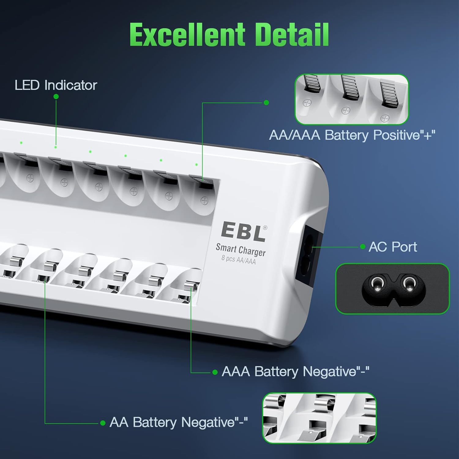 EBL Rechargeable AA AAA Batteries with Charger, AA Batteries 2300mAh 8-Pack and AAA Batteries 800mAh 8-Pack with 8-Bay Battery Charger