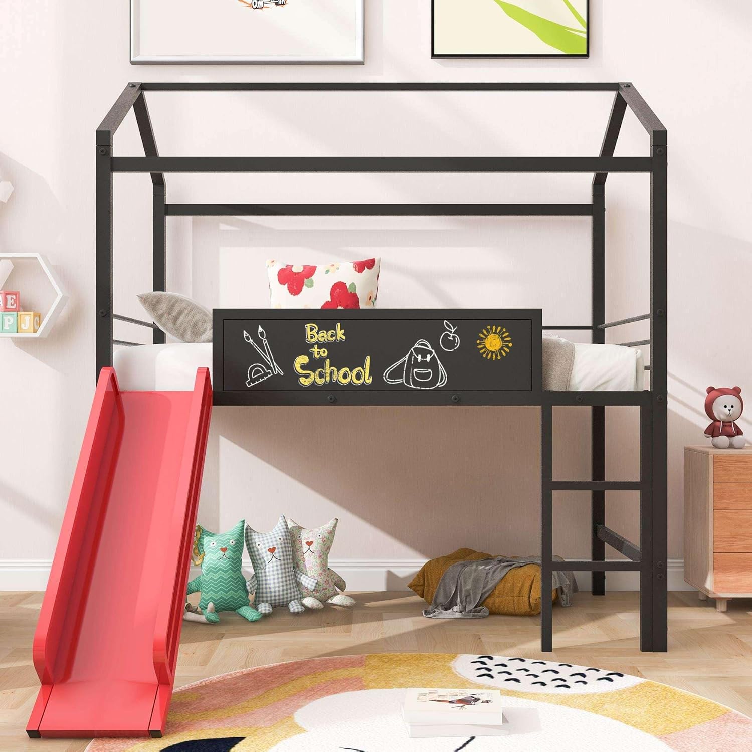 Adventure-Ready Twin Metal Loft Bed with Slide and Writable Wooden Boards in Black and Red - Create, Play, and Sleep in Style!