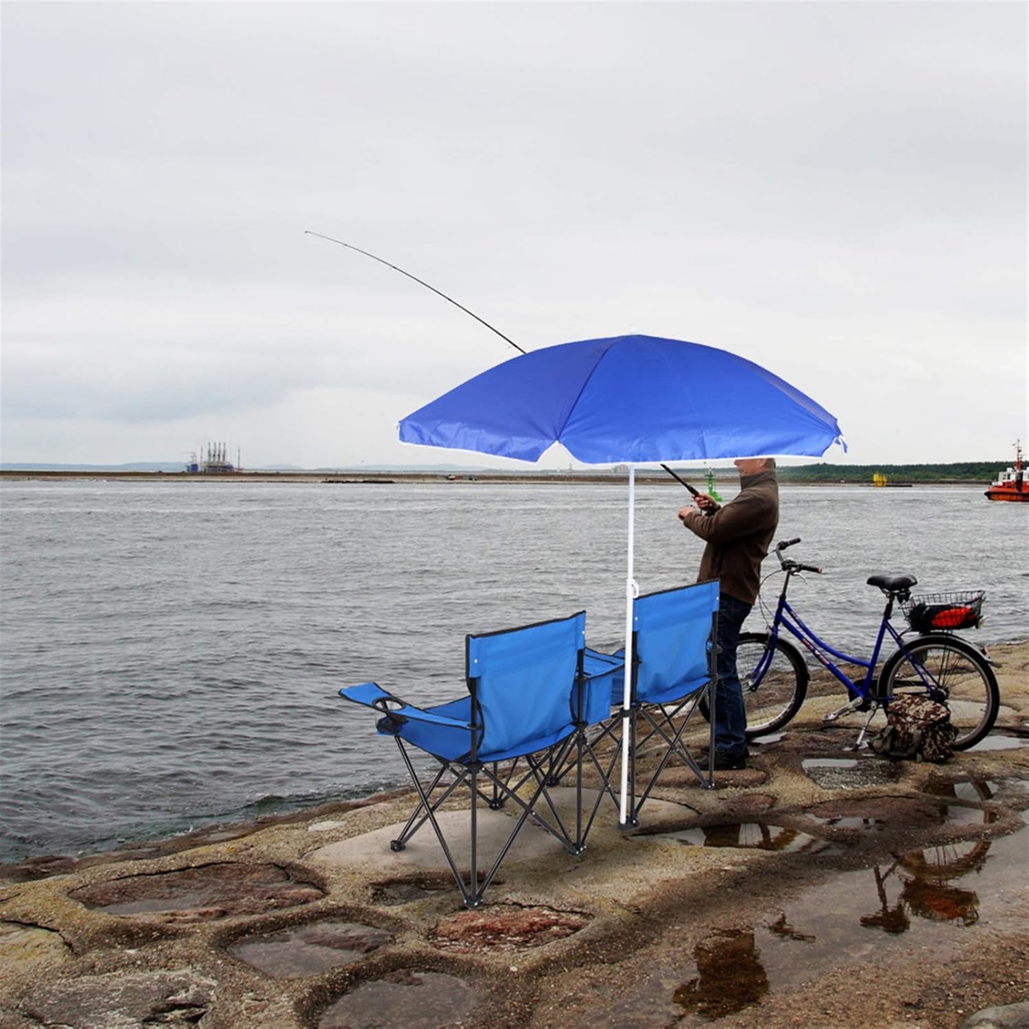 Double Camping Chairs Portable Outdoor Picnic Folding Chairs with Sun Umbrella with Table Carrying Bag Detachable Umbrella Cooler Bag Cup Holders for Patio Outside Fishing Beach Chairs