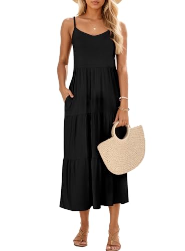 Halife Womens Flowy Tiered Maxi Dress Sleeveless Summer Sundresses Adjustable Straps Long Beach Sun Dresses with Pockets