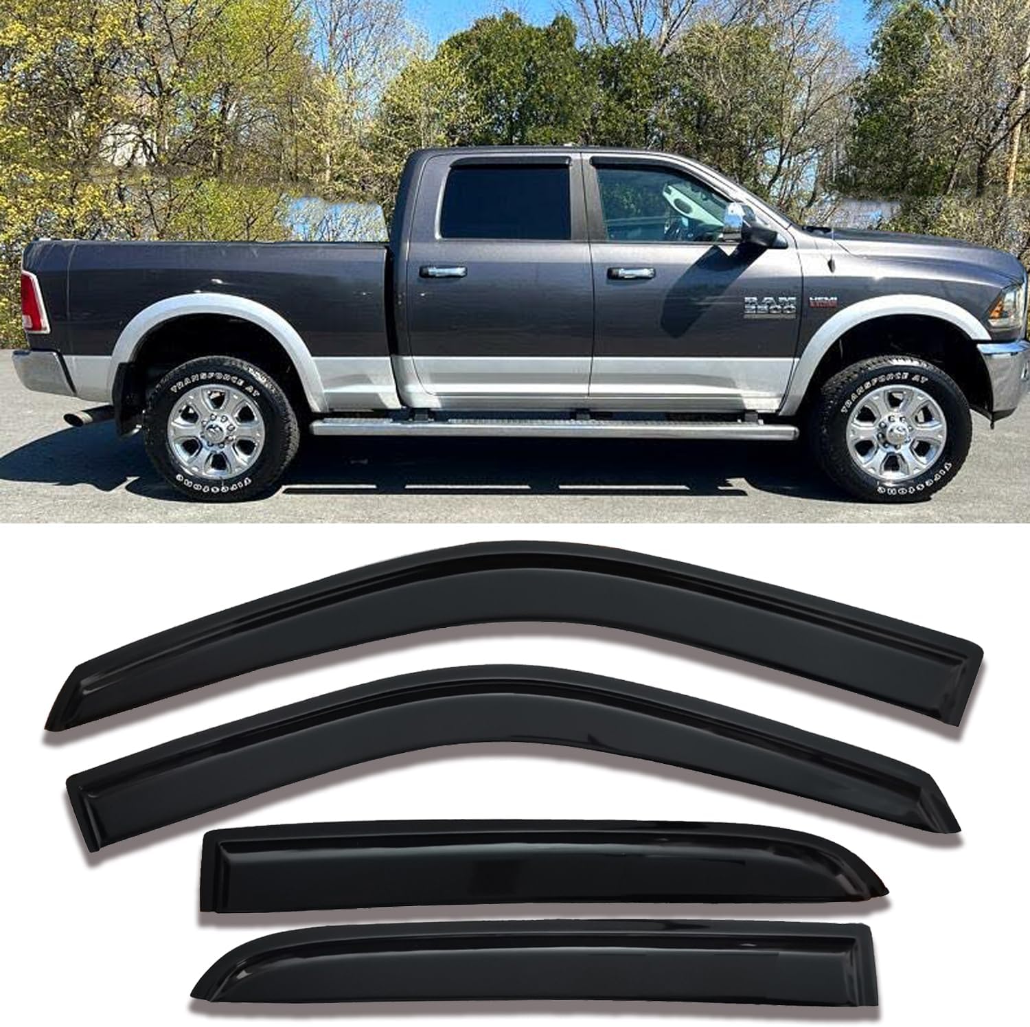 Tape On Side Window Rain Guards Window Visors Vent Deflectors Compatible with Dodge Ram 1500 Crew Cab 09-18, 2010-24 Ram 2500/3500 Crew Cab, 2019-23 Ram 1500 Classic Crew Cab Smoke, 4PCS 94109