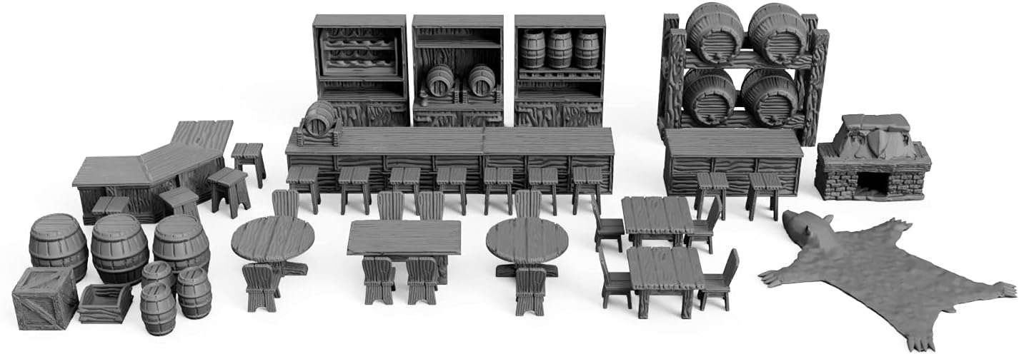 Tavern Bar Furniture Set DND Terrain 28mm for Dungeons and Dragons, Pathfinder, Warhammer 40k, RPG, Miniatures, Age of Sigmar, Tabletop, D and D Gifts