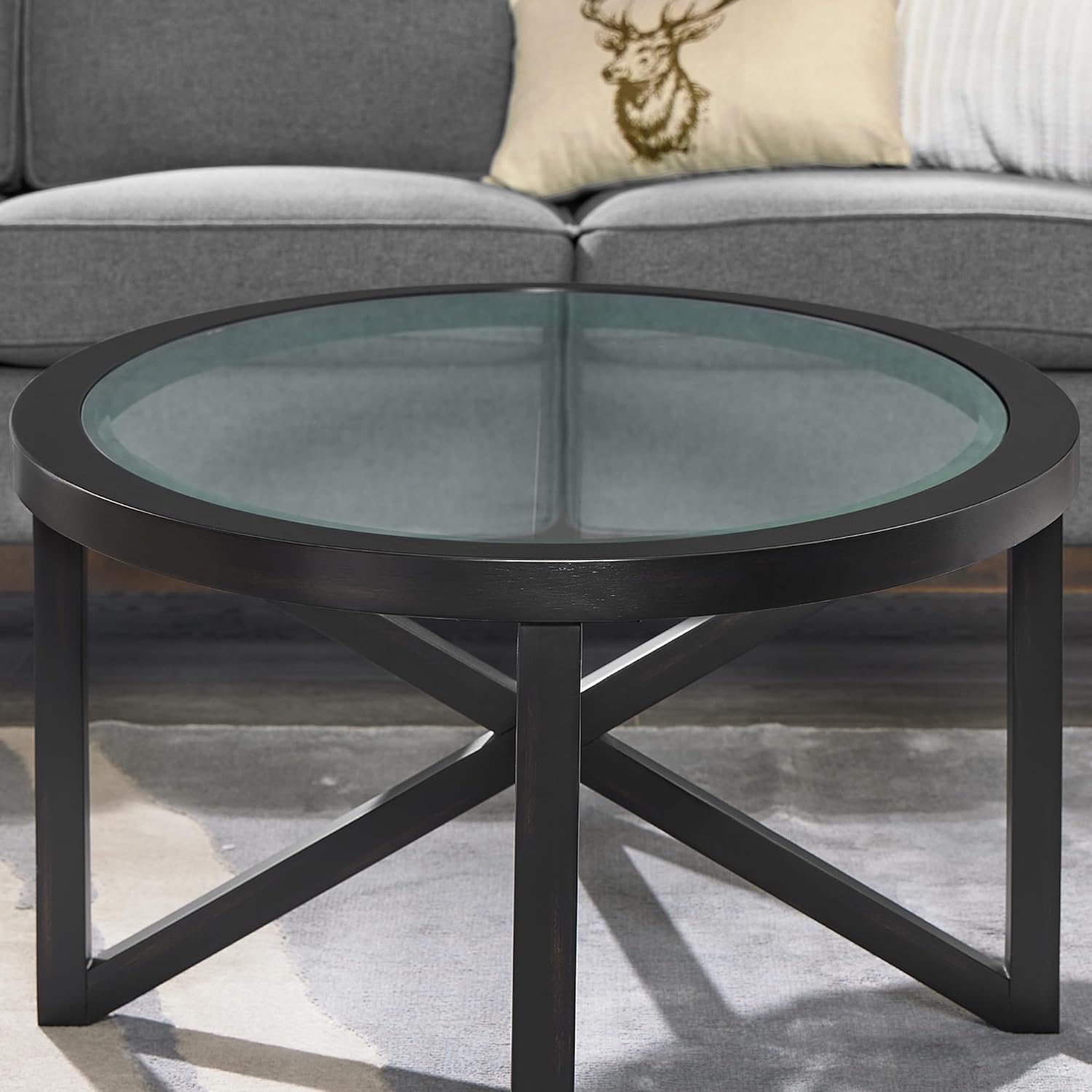 Modern Simple Glass Coffee Table, Tempered Glass Coffee Table Solid Wood Base Round Transparent Glass top Modern Living Room Terrace Study Coffee Table