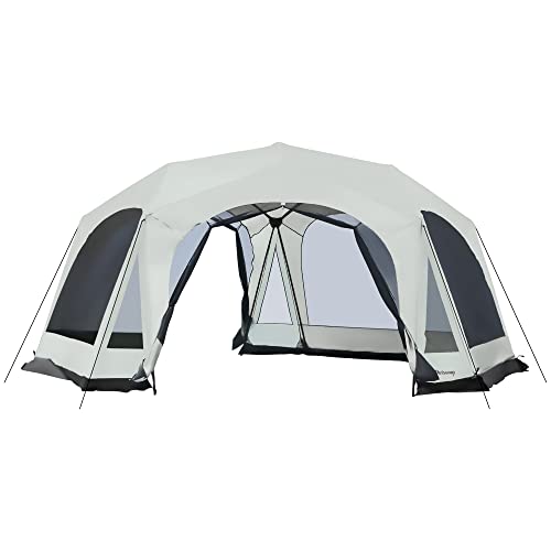 Outsunny Large Camping Tent with 10 Person Floorspace, Rain Cover & Breathable Mesh Roof, Cabin Tent 8 Person Size, Big Family Tent Camping Accessory
