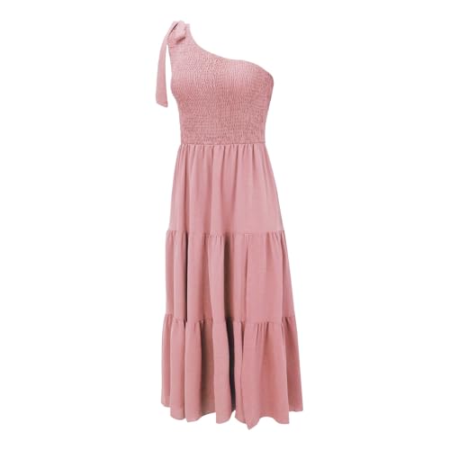 Women's Summer One Shoulder Sleeveless Knot Smocked Midi Dress Split Tiered Flowy Dresses Dresses Loose
