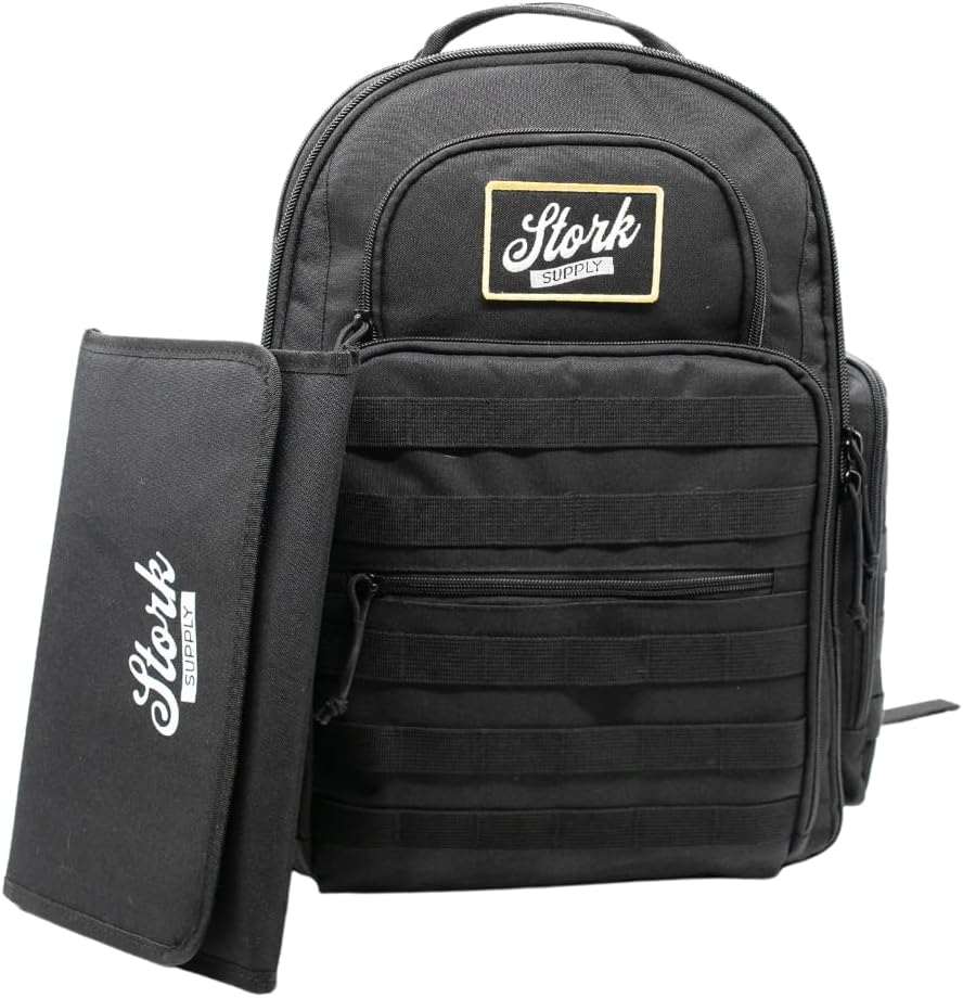 Stork Supply Baby Diaper Backpack - Military-Grade, Tactical Diaper Bag Backpack and Changing Mat, Baby Diaper Travel Bag for Dads & Moms, Large, Black