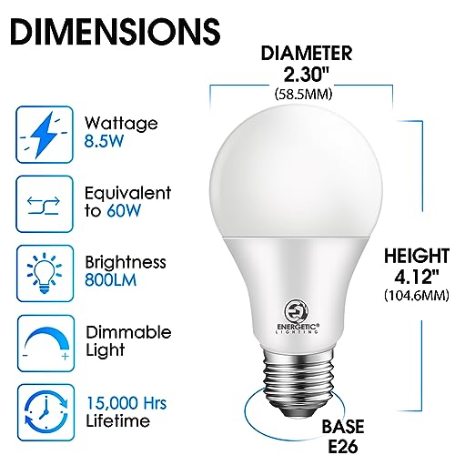 E ENERGETIC LIGHTING Dimmable Light Bulbs, 60W Equivalent 3000K Warm White, E26 Base, 8.5W 800 Lumens LED Light Bulbs, UL Listed, 12 Packs