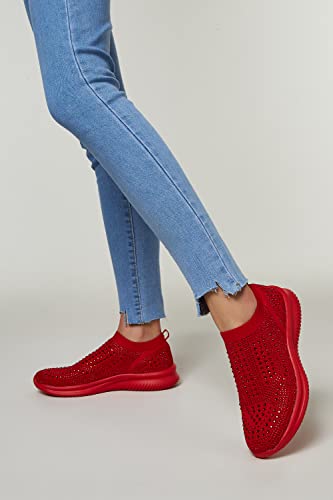 BELOS Women's Rhinestone Mesh Slip On Walking Shoes Fashion Breathable Spakle Glitter Sneaker