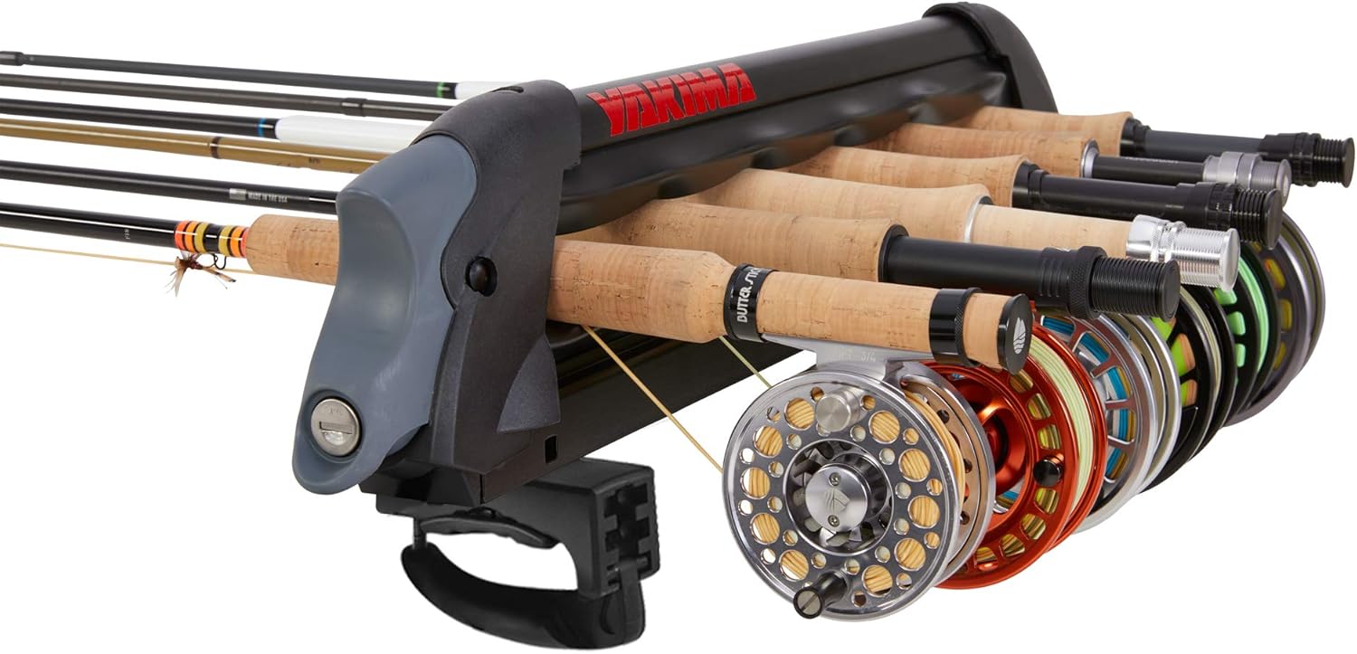 YAKIMA ReelDeal Padded Fishing Pole Rod Roof Rack Mount, 4 Ski and 2 Snowboard Holder with Universal Mounting Hardware and SKS Locks, Black