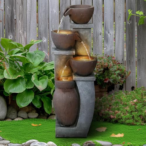 Outdoor Waterfall Fountain - 39 1/2” H Garden Fountains Outdoor Designed with 5-Tiered Cylindrical&LED Lights for Indoor-Outdoor Decor, Cascading Water Features Outdoor for Relaxing