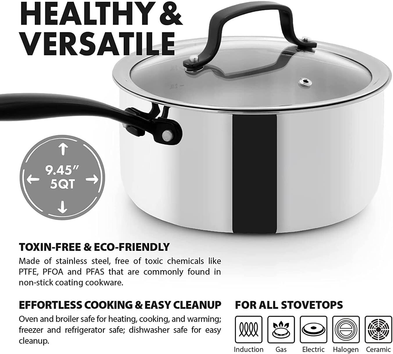 Full-clad Tri-ply 3 Qt Stainless Steel Sauce Pan With Lid Induction Cookware Silver Dishwasher Safe