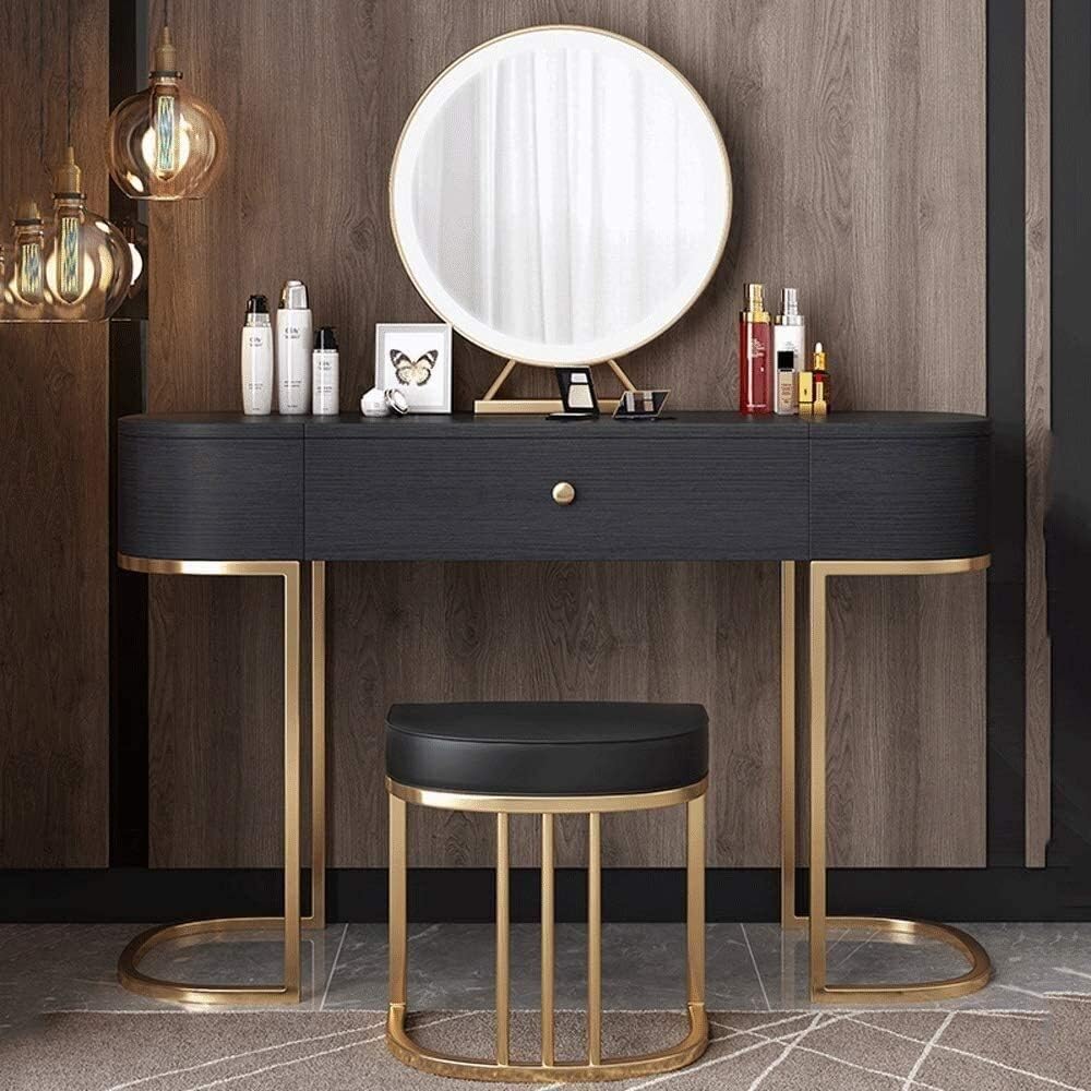 Luxury Dressing Vanity Table w/Stool for Bedroom, Solid Wood Dressing Table Modern Minimalist Female Net Style Dressing Table with LED Mirror Light