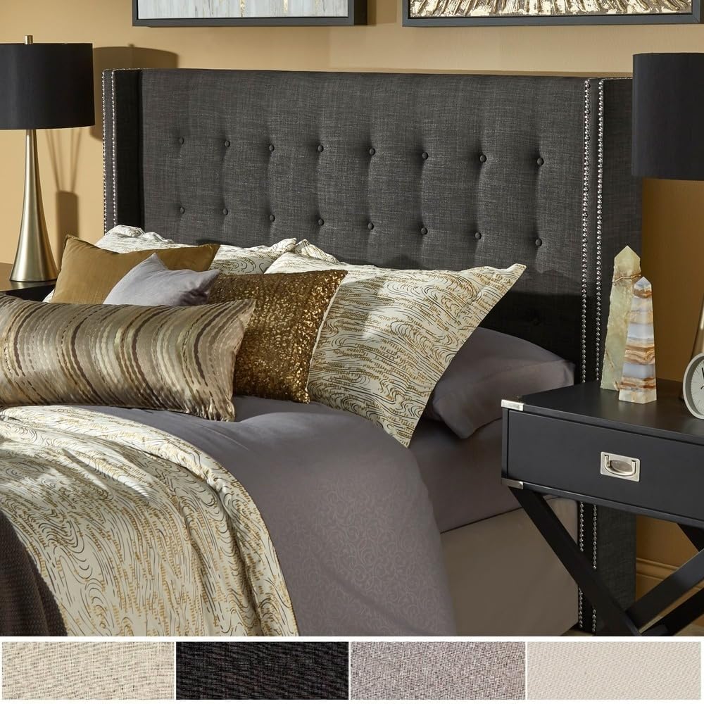 Inspire Q Marion Button-tufted Wingback adboard by Bold Queen Cream Linen Headboard Espresso Finish Queen