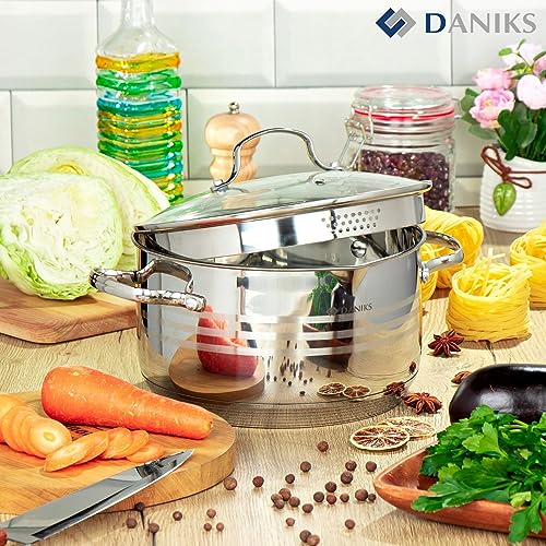 Daniks Tokio Stainless Steel Stock Pot with Glass Lid | Induction 4.5 Quart | Pasta Pot with Strainer Insert | Dishwasher Safe Pot | Measuring Scale | Soup Pasta Stew Pot | Silver