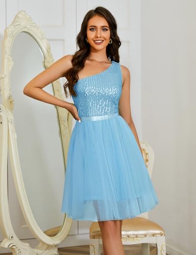 BeryLove Womens Sequin Dress Sparkly Glitter One Shoulder Party Club Dress Bodycon Dresses Prom Dress