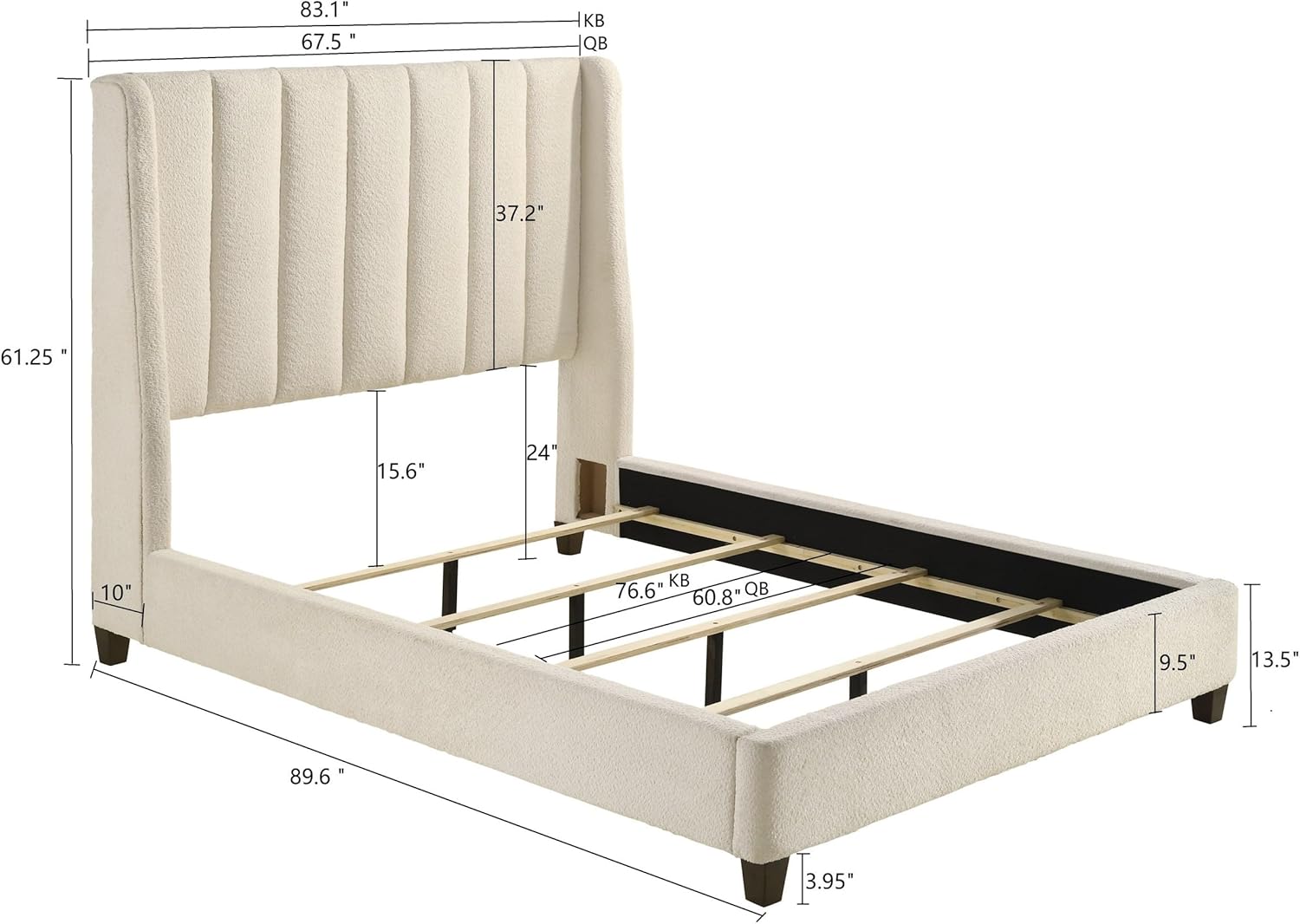 Benjara Aegis Queen Size Bed, Wingback, Channel Tufted, Cream Beige Upholstery
