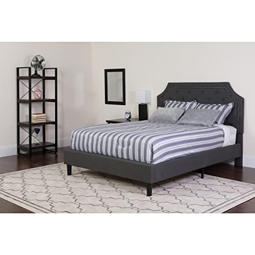 Flash Furniture Brighton Queen Size Tufted Upholstered Platform Bed in Beige Fabric with Memory Foam Mattress