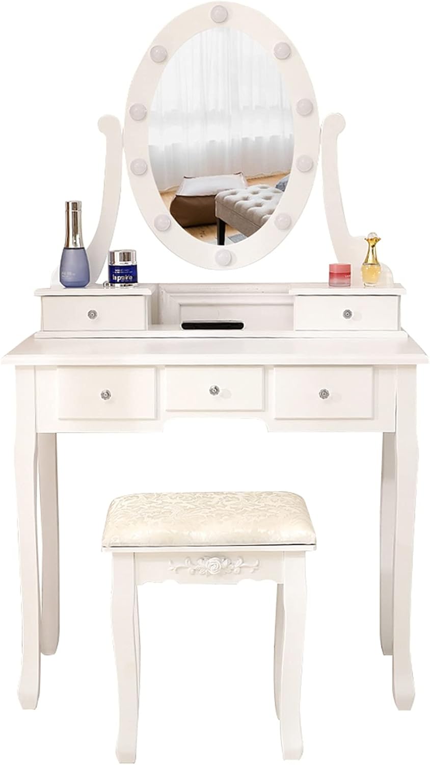 Five drawers and one mirror dressing table set European style with light bulb white dressing table bedroom