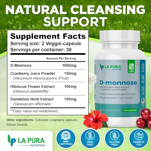 LaPura D-mannose 1000 mg Supplement with Cranberry Juice Powder, Hibiscus Flower & Dandelion Herb Extract, 60 Capsules - Natural Cleansing Support, Healthy Liver, Bladder, Urinary Tract Function