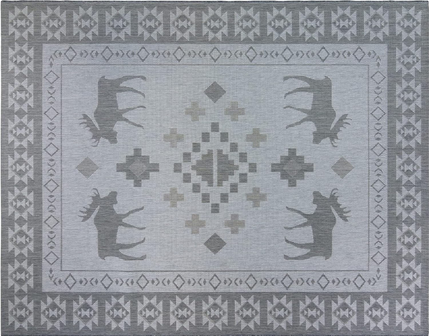 Gertmenian Indoor Outdoor Classic Flatweave Area Rug, Stain & UV Resistant Carpet, Deck, Patio, Poolside & Mudroom, 5x7 Ft Standard, State Alaska Alces Alces Moose, Silver Grey, 22328