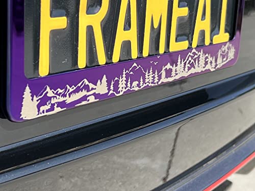 Black Smoke Chrome Titanium Gun Metal Laser Etched Mountain View Stars Wild Life T304 Stainless Steel License Plate Frame Holder with Metal Screw Caps Cover (Qty: 1 Frame)