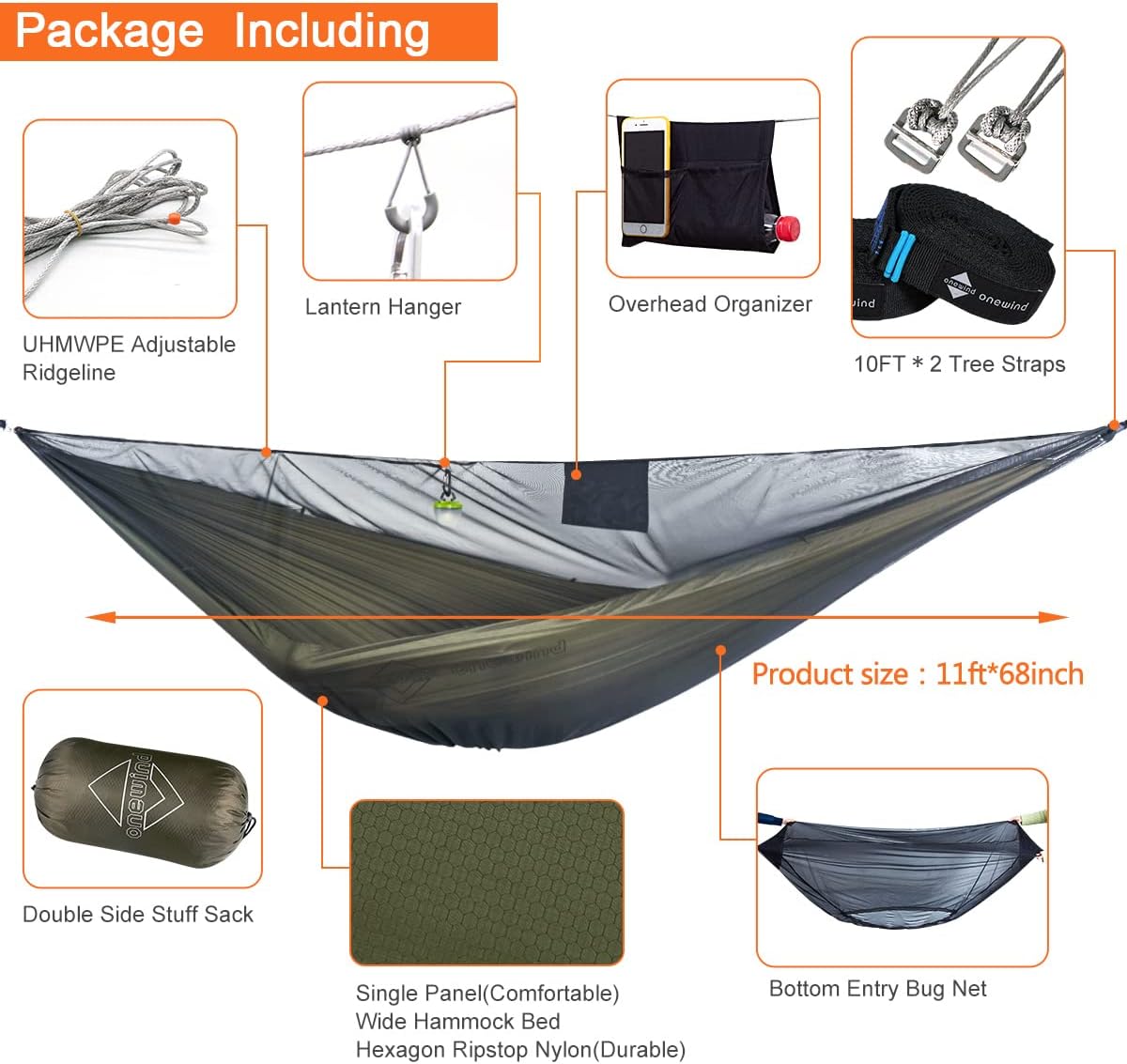 onewind 11ft Camping Hammock with Bugnet, Portable Double Hammock with Mosquito Net, Backpacking Hammock with Net Adjustable Ridgeline Tree Straps for Camping Hiking Backpacking, OD Green