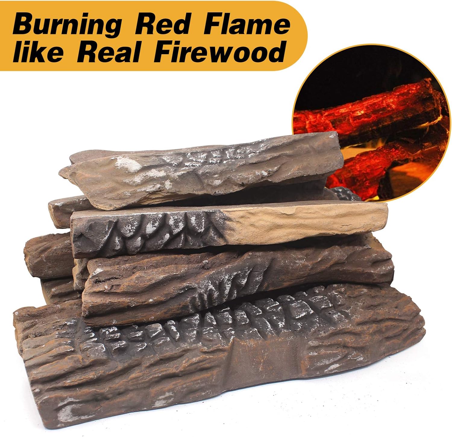 Gas Fireplace Logs,10pcs Large Ceramic Firepit Logs, Decorative Faux Wood Log Set for Indoor Outdoor Gas Insets, Vented,Ventless, Electric,Ethanol,Gel Fireplaces