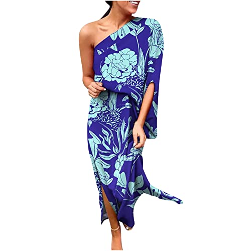 NaRHbrg Womens 2024 Summer Dress, Womens One Shoulder Batwing Cape Midi Dress Boho Floral Print Loose Casual Club Party Dress