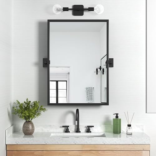 Farmhouse Black Metal Framed Oval Mirror for Bathroom, Pivot Matte Blck Bathroom Mirror for Wall, Tilting Vanity Mirror for Bathroom, Entryway, Home Decor 20” X 28”