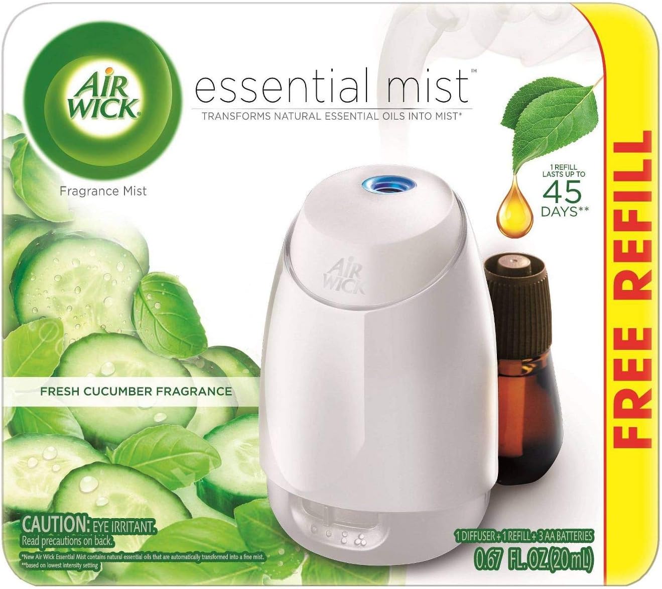 Air Wick Fresh Cucumber Fragrance Essential Mist with Free Refill 0.67 fl oz, Pack of 1