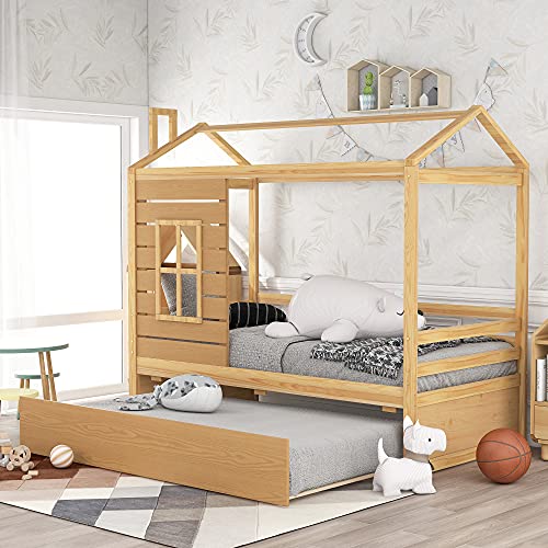 Twin-Over-Twin Bunk Bed with Ladders and 2 Storage Drawers,Classic Solid Wood Twin over Twin Bunk Bed Teens, Girls, Boys(Walnut)