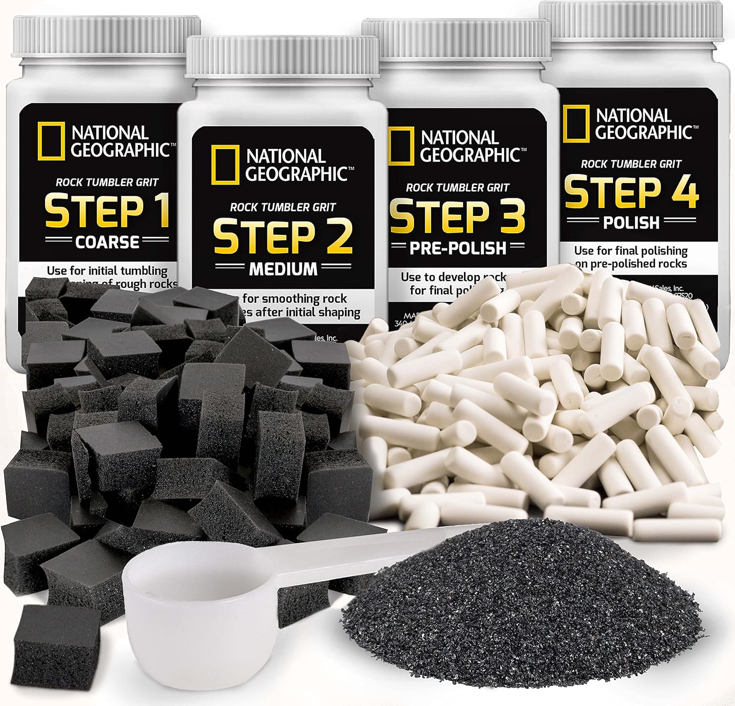 NATIONAL GEOGRAPHIC Rock Tumbler Media – The Ultimate Rock Polishing Supplies Kit, 4 Stage Bulk Grit, 1.5 Pounds of Ceramic Pellets, GemFoam Polishing Tumbling Media For 8 years and up