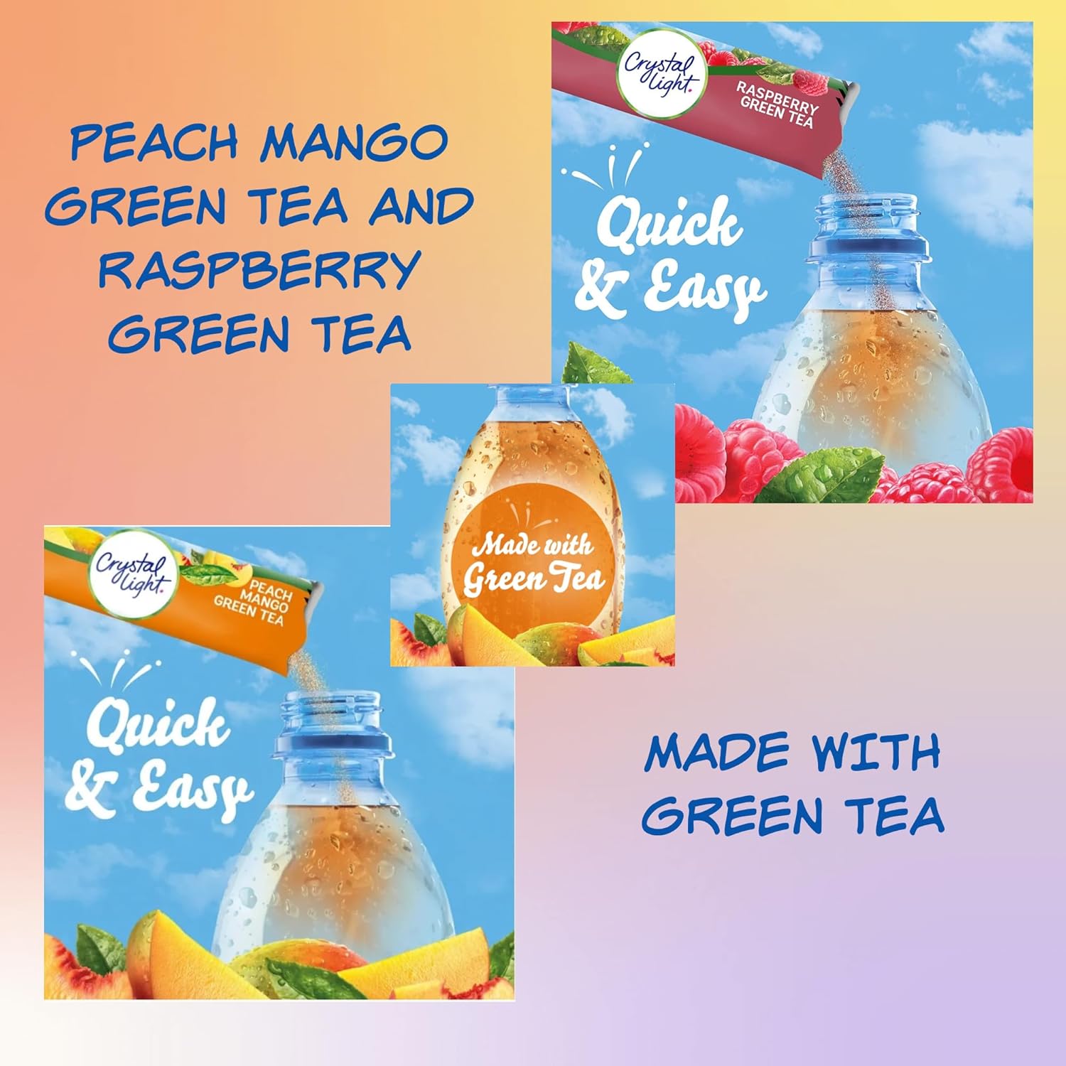 Crystal Light Tea Variety Pack Peach Iced Tea, Lemon Iced Tea, Raspberry Green Tea and Peach Mango Green Tea 1 Box Each (4 Pack) Powdered Drink Mix 40 Total Packets Bundle with Drink Pouch and Straw