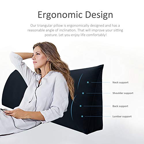 WOWMAX Large Bolster Triangular Positioning Support Reading Backrest Wedge Pillow for Headboard for Day Bed Bunk Bed with Removable Cover Velvet No Button Grey King
