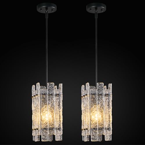 Modern Crystal Pendant Lighting Gold Mini Pendant Lights Rectangle Glass Chandeliers, Adjustable Pendant Light Fixture for Kitchen Island Bedroom Living Room Dining Room Corridor(2Pack)