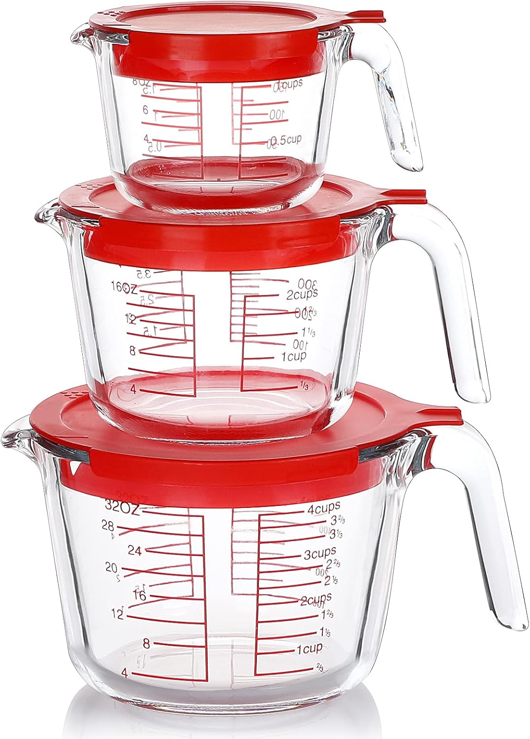 M MCIRCO 6 Pcs Glass Measuring Cups with Lids Set, 1-Cup, 2-Cup, 4-Cup Measuring Jugs with Handle, Nesting Liquid Measuring Cups for Kitchen