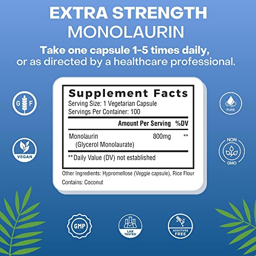 Extra Strength Monolaurin 1,600mg per Serving, 800mg per Capsule - 2 Pack 200 Capsules
