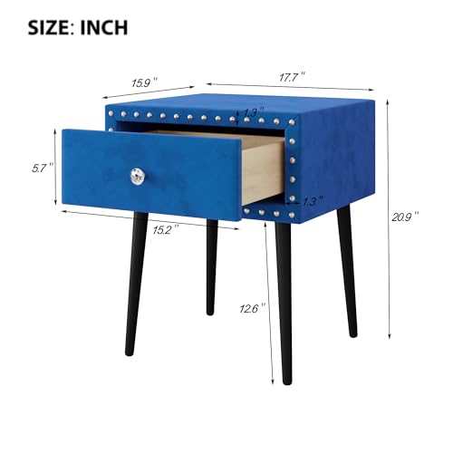Modern Nightstand Set of 2 with Drawers and Crystal Handles Elegant Studded Velvet Design Wood Frame End Table/Side Table/Sofa Table for Bedroom Living Room Study Room (Blue)