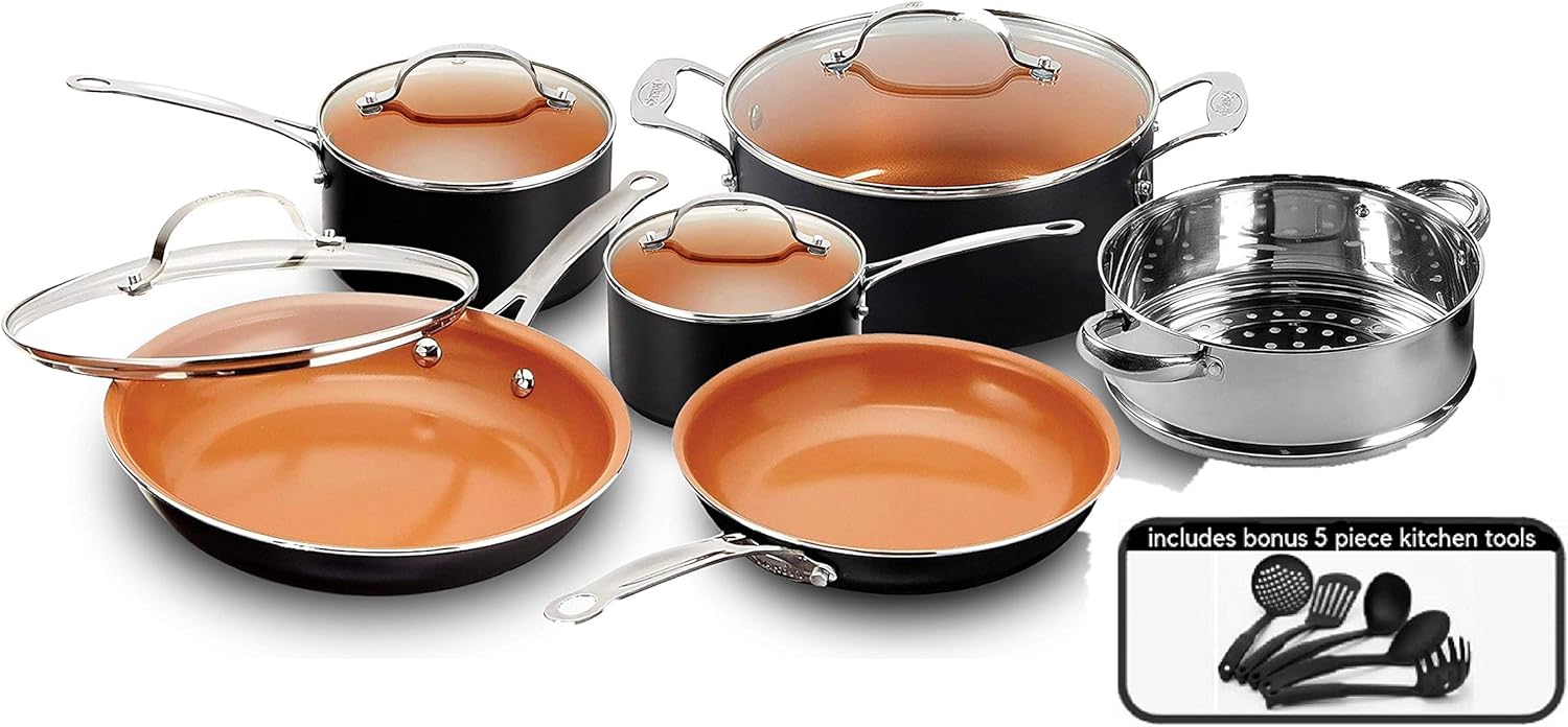 Gotham Steel 15-Piece Titanium and Ceramic Nonstick Copper Frying Pan and Cookware Set – Includes 5 Utensils