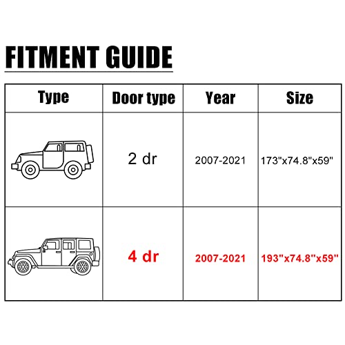 X AUTOHAUX SUV Car Cover Fit for Jeep Wrangler JK JL 4 Door 2007-2021 Outdoor Waterproof Sun Dust Wind Snow Protection 210D Oxford with Driver Door Zipper Gray