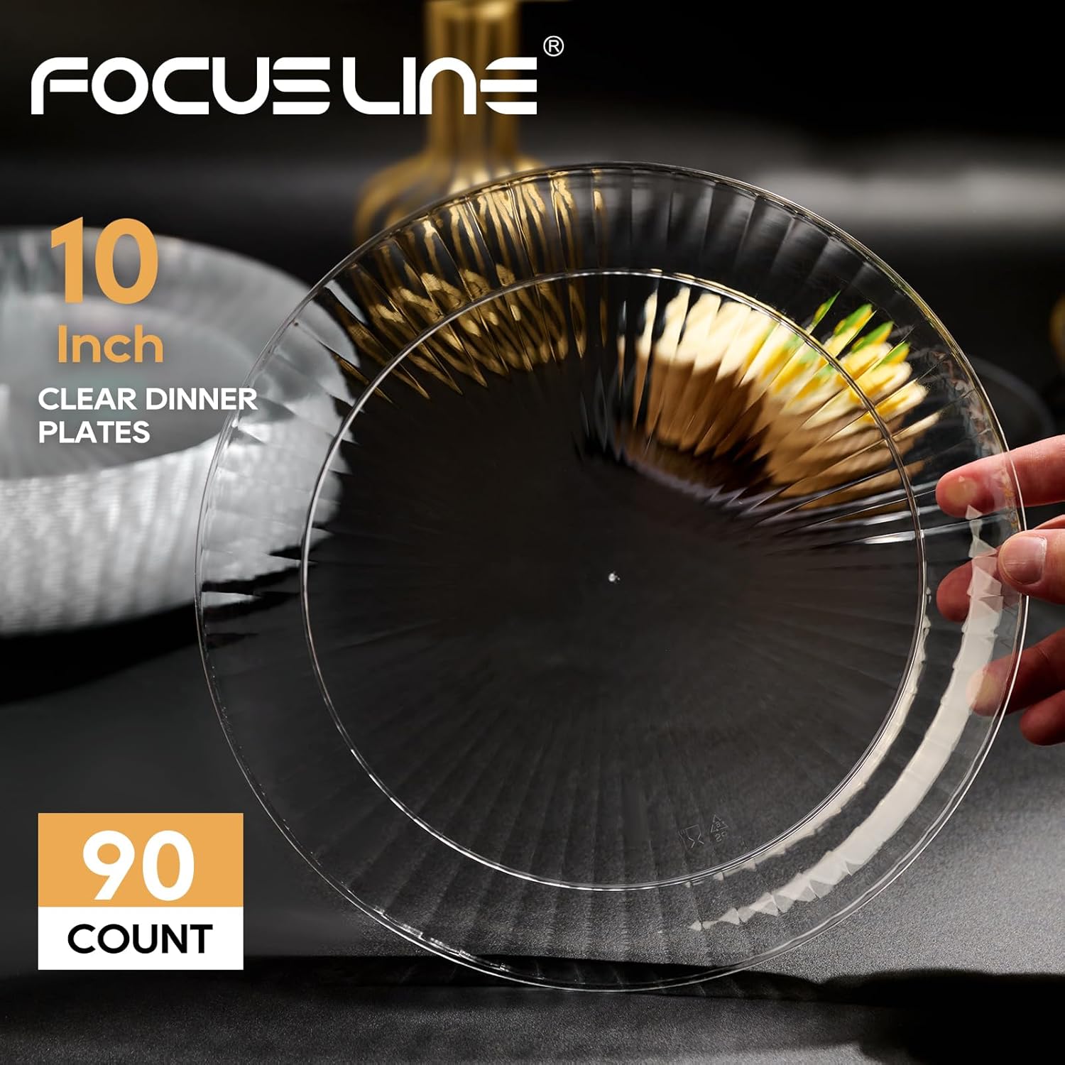 FOCUSLINE 90 Count 10 Inch Clear Plastic Plates & 100 Count 10 oz Clear Plastic Cups, Heavy Duty Plastic Dinner Plates and Fancy Disposable Clear Cups for Weddings, Parties and Events