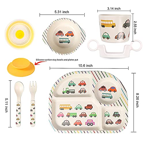 shopwithgreen 7Pcs/Set Bamboo Kids Dinnerware Set - Children Dishes - Food Plate Bowl Cup Spoon Fork Set Dishware, Cartoon Tableware, Dishwasher Safe Kids Healthy Mealtime, BPA Free
