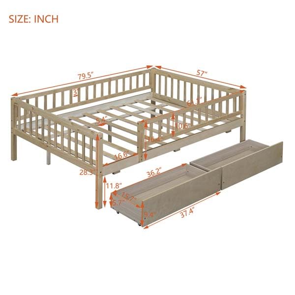 Full Size Wood Daybed with 2 Storage Drawers, Modern Daybed with Security Fence and Wood Slat for Bedroom Small Space Living Girls Boys, No Box Spring Needed (Natural)