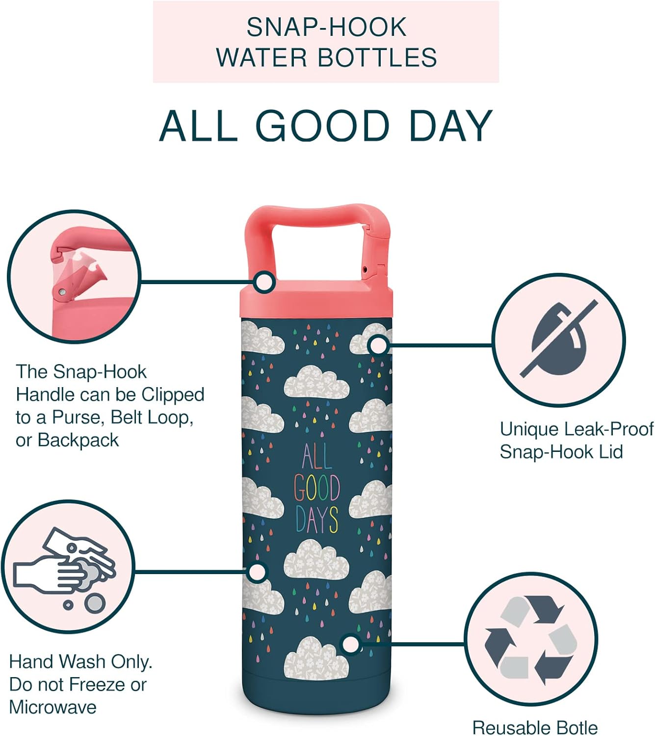 Studio Oh! Insulated Water Bottle - 20-Ounce Snap-Hook Stainless Steel Water Bottles - BPA-Free All Good Days