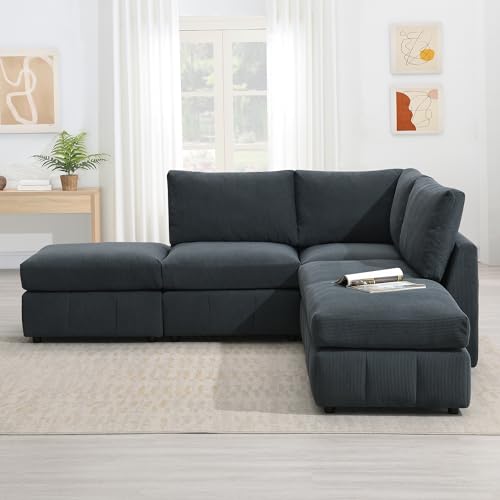 93 Inch L Sectional Sofa Corner Couch with 2 Movable Ottomans Set Reversible Symmetric L Shape – 5-Seat Armless Modern Design for Living Room, Home Office Dark Grey Corduroy